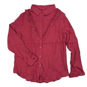 Women Large Red Long Sleeve Button Down Casual Shirt Top Collar Blouse